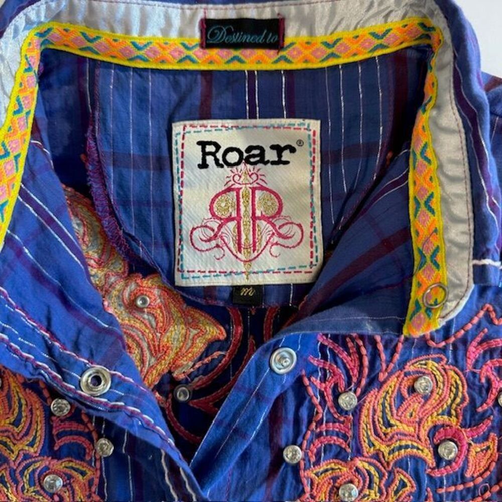 Roar Embroidered Western Plaid Shirt Orange Rhinestone Embellished Button Up Med - Picture 14 of 15